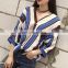 TWOTWINSTYLE Striped Chiffon Shirt Blouse Female Three Quarter Sleeve V Neck Casual Shirts Tops