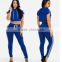 Active Fashion Sexy Apparel Casual Slim Fit Plain Blank Cotton Summer Blue Two-Piece Outfit Sweat Suit Tracksuit Set