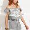 Two-piece-outfits latest fashion design women clothing Grey Tassel Off The Shoulder Top With Tie Waist Shorts