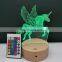 Unicorn 3D Lamp Led Night Lamp Round Wood Base 16 Color with Remote