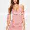 Sexy Pink Tie Sleeve Ruched Hem Bodycon Dress with Plunge Neckline