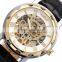 Golden Steampunk Skeleton Mechanical White Dial Men's Sport Leather Wrist Watch