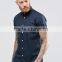 Guangzhou High Quality Custom Short Sleeve Point Collar Mens 54% Cotton 46% Polyester Slim Fit Casual Navy Solid Shirts