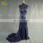 Navy Blue Sequin Fabric Mermaid Cap Sleeve Evening Dresses Long