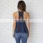 High Quality Loose Fit Navy Blue Satin Blouse with Scallop Lace Trim