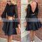 Two Pieces Black Exquisite Short Cocktail Dress Bateau Long Sleeve Beaded Satin Prom Dress