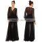 New Spring Women Black Long Sleeve Sexy V-neck Polka Dot Chiffon Big Hem Maxi Dress
