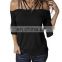 European and American women's clothing autumn new wish explosion style word shoulder strap flared sleeve t-shirt female