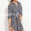 Ladies Long Sleeve Casual Mini Dresses New Fall Style Black Gingham Sleeve Tie Front Shirt Dress