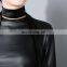 TWOTWINSTYLE PU Glossy Velvet Long Sleeve Basic Thick Warm Elastic T Shirts For Women