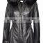 Ladies Black Knee Length Detachable Fur Hooded Soft Nappa Leather jacket