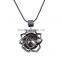 Vintage Double Sided Hollow Rose Flower Round Big Rhinestone Pendant Long Snake Chain Necklace for Women Girls Jewelry