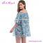 Women Sexy Off Shoulder Printed Blue Short Sleeve Falbala Beach Dress