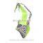 Lemon Gina Contrast Color Leopard Patchwork Sexy Bikini Sleeveless Deep V Neck Hollow Out Open Back One-Piece Swimsuit