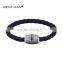 Wholsale mens blue leather bracelet for chrismas, stainless steel bracelet hammerfinish magnetic clasp jewelry