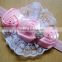 3 rose flowers with lace trim and rhinestone elastic headband for infant baby