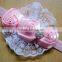 3 rose flowers with lace trim and rhinestone elastic headband for infant baby