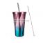 Irregular Diamond Double Wall Drinking Cups Coffee Mugs 16oz Stainless Steel Tumbler with Straw