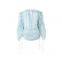 French-style seaside vacation long-sleeved blouse for women with single-strap, wooden earlobe embellishment, pleated, open at the shoulder, drawstring tie, plain color.
