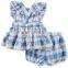 2017 new fashion wholesale gingham children's boutique clothing baby seersucker bubble clothes set