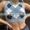 Women New Arrival Plaid Knitted Vintage Contrast V Neck Knitwear Sweater Tank Top