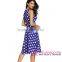Classic Wholesale Blue Polka Dot Bohemain Print Latest Office Dress With Keyholes