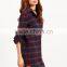 Navy Plaid Roll Tab Sleeve Half Placket Shirt Dress 100% Cotton Pocket Curved Hem Button Casual Short Dress