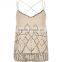 Beige sexy elegant embellished beaded linen cami sleevelss tank tops