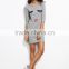 Grey Raw Hem Closed Eyes Print Dress Cotton Spandex 3/4 Sleeve Summer Cartoon Pocket Tee Dress