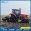 Triangle track walking mechanism and mountain half track tractor, related to the field of agricultural machinery. The triangle track walking mechanism includes a driving wheel, a bracket, a track, a supporting device, a guiding device, and a tensioning de