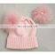 Wholesale Cute Baby Pink Knitted Kids Wool Hats Double Pom Pom Hat