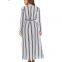Long Sleeve Buttons Down Striped Waist Band Long Shirt Dress