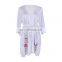 2019 New Bohemian Floral Embroidered Three Quarter Sleeve Self Belted Summer Beach Dress White Cotton Tunic Women Beachwear