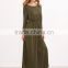 Hot Selling Elegance Women Long Sleeve Dress Army Green Elastic Waist Maxi Dress Round Neck Cotton Spandex Dress
