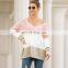 Hot Selling US Market Sexy Knit V-neck Strapless Color Block Women's Loose Fit Pullover Sweater