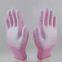 pink and white polyester knitted pu palm coated anti-static safety work gloves