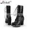 Customized genuine leather block heel high heel lace up boots for women