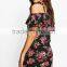 Ruffled Rompers Dark Floral Print Off The Shoulder Playsuit Womens Sexy Onesie Jumpsuit