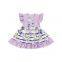 Light purple flutter sleeve Girl Dress stripe and flower pattern Short Sleeve beautiful Dresses For Baby Girl