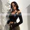 2020 new arrival women zip up leather adjustable tape Off shoulder long sleeve T-shirt short crop top