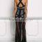 Latest Sexy Slit Black Mesh Net Slit Maxi Gown Dress With Cross Back Designs HSd5113