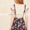Navy floral wide adjustable straps lady's short overall with pockets