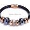 Leather Bracelet With Ceramic Beads and Rose Gold Charms 9 Colors for Choice