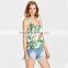 Hot design floral print sexy top, ladies V neck silk short tan top