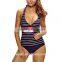 China Manufacturer Wholesale Womens V Neck Halter Backless Striped Tankini Top Swimsuit With Briefs