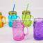 450ML Beverage Embossed Colorful Glass Mason Jar With Handle