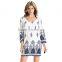 Summer Bohemian V-Neck Bell Flare Sleeve Mini Chiffon Dress Cut Out Print Crochet Trim Peasant Dress With Hollow Out Design