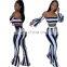 Fashion Women Two Piece Flare Top And Pants Stripe Tracksuit Set