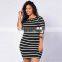 F20348A New fashion fat women dresses three quarter sleeve plus size bodycon slim stripe dress plus size women clothing for lady