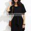 Black Dolman Sleeve Self Tie Curved Hem Dress With Belted Cotton Spandex Short Sleeve Casual Plain Short Dress